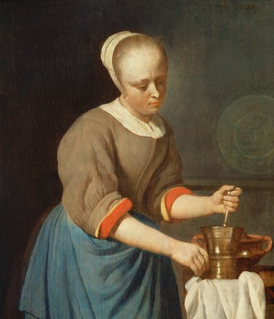 Junges Mädchen mit einem Mörser und Stößel von Gabriel Metsu
